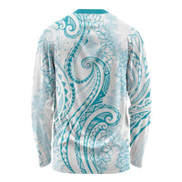 Polynesia Plumeria Lei Long Sleeve Shirt White Turquoise Curves Motif