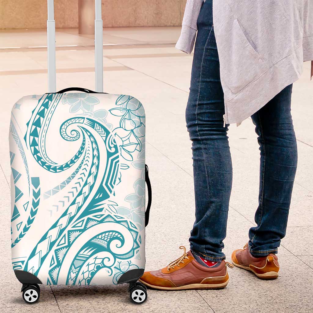 Polynesia Plumeria Lei Luggage Cover White Turquoise Curves Motif