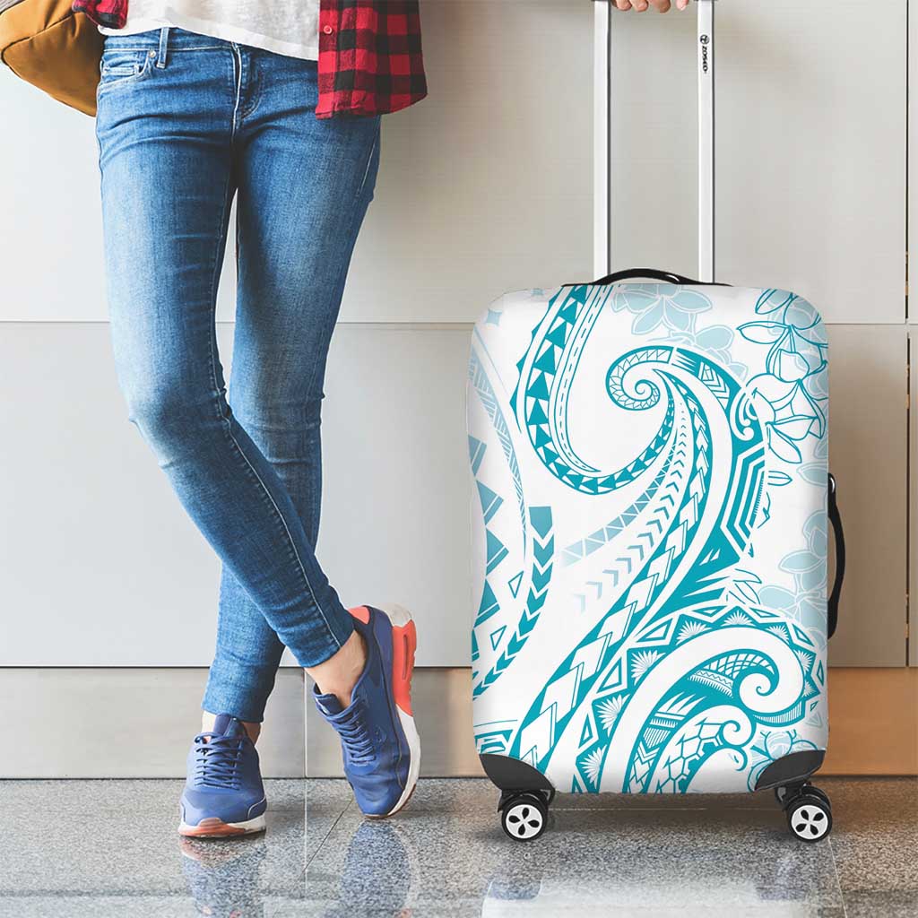 Polynesia Plumeria Lei Luggage Cover White Turquoise Curves Motif