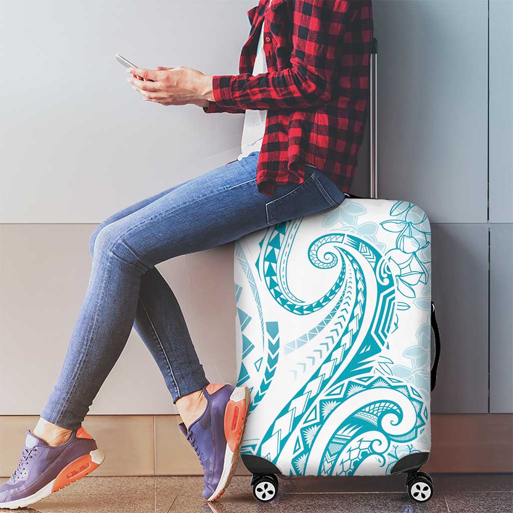 Polynesia Plumeria Lei Luggage Cover White Turquoise Curves Motif