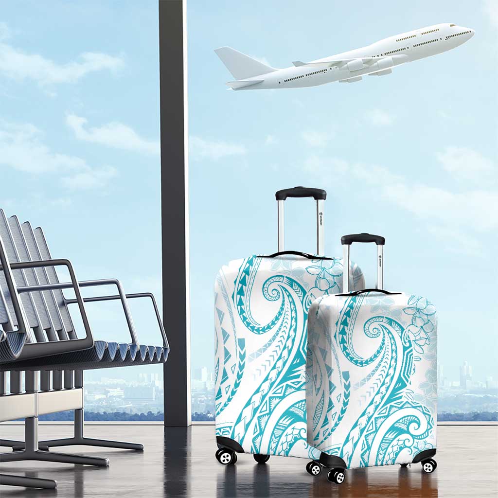 Polynesia Plumeria Lei Luggage Cover White Turquoise Curves Motif