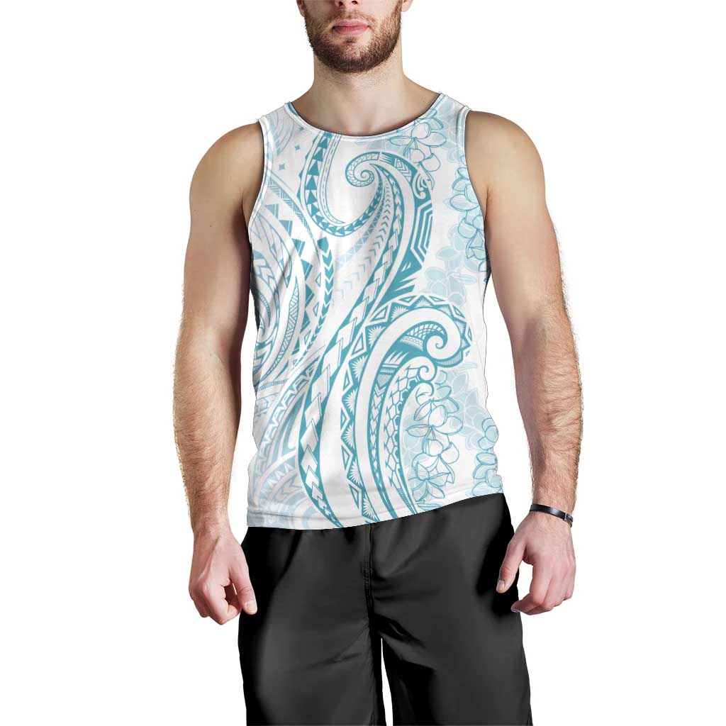 Polynesia Plumeria Lei Men Tank Top White Turquoise Curves Motif