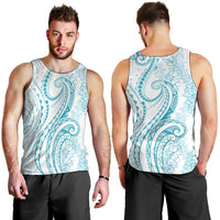 Polynesia Plumeria Lei Men Tank Top White Turquoise Curves Motif