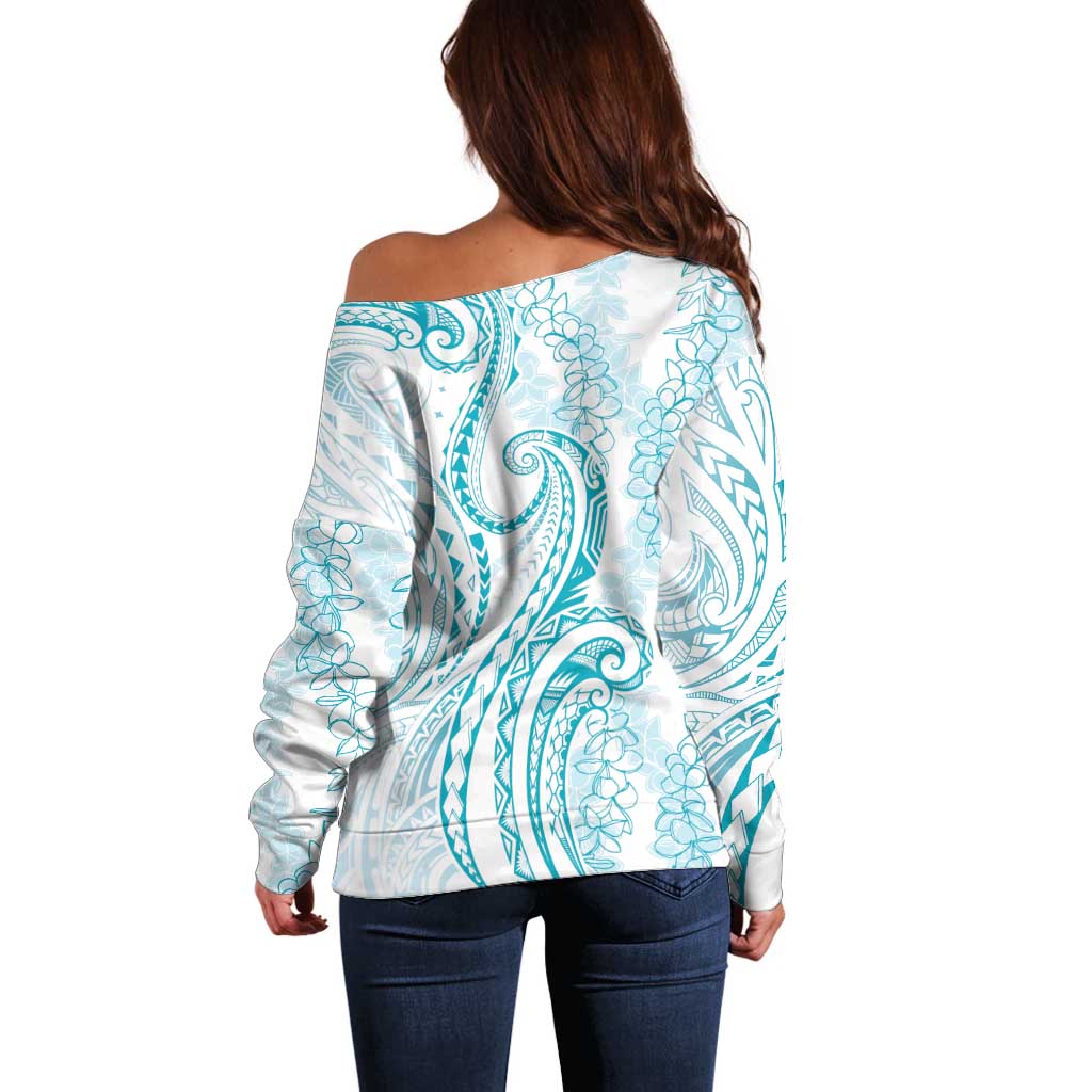 Polynesia Plumeria Lei Off Shoulder Sweater White Turquoise Curves Motif