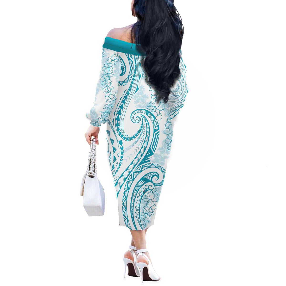 Polynesia Plumeria Lei Off The Shoulder Long Sleeve Dress White Turquoise Curves Motif