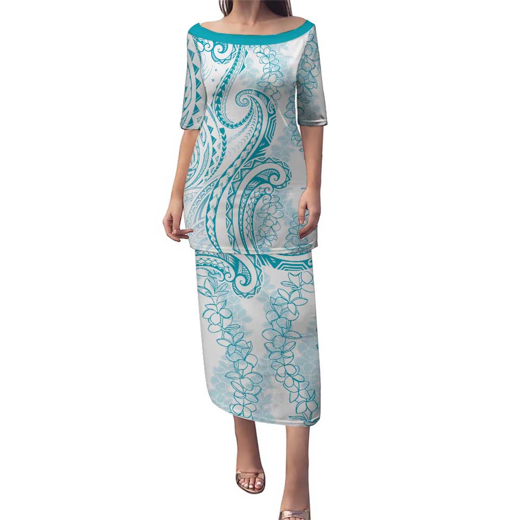 Polynesia Plumeria Lei Puletasi White Turquoise Curves Motif