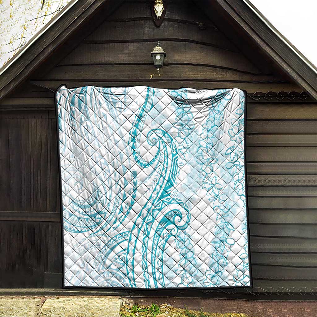 Polynesia Plumeria Lei Quilt White Turquoise Curves Motif