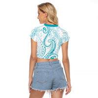 Polynesia Plumeria Lei Raglan Cropped T Shirt White Turquoise Curves Motif LT7 - Polynesian Pride