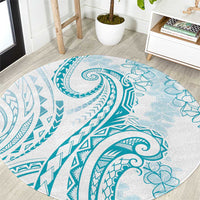 Polynesia Plumeria Lei Round Carpet White Turquoise Curves Motif