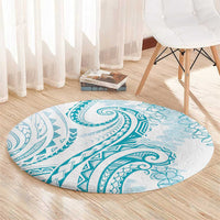 Polynesia Plumeria Lei Round Carpet White Turquoise Curves Motif