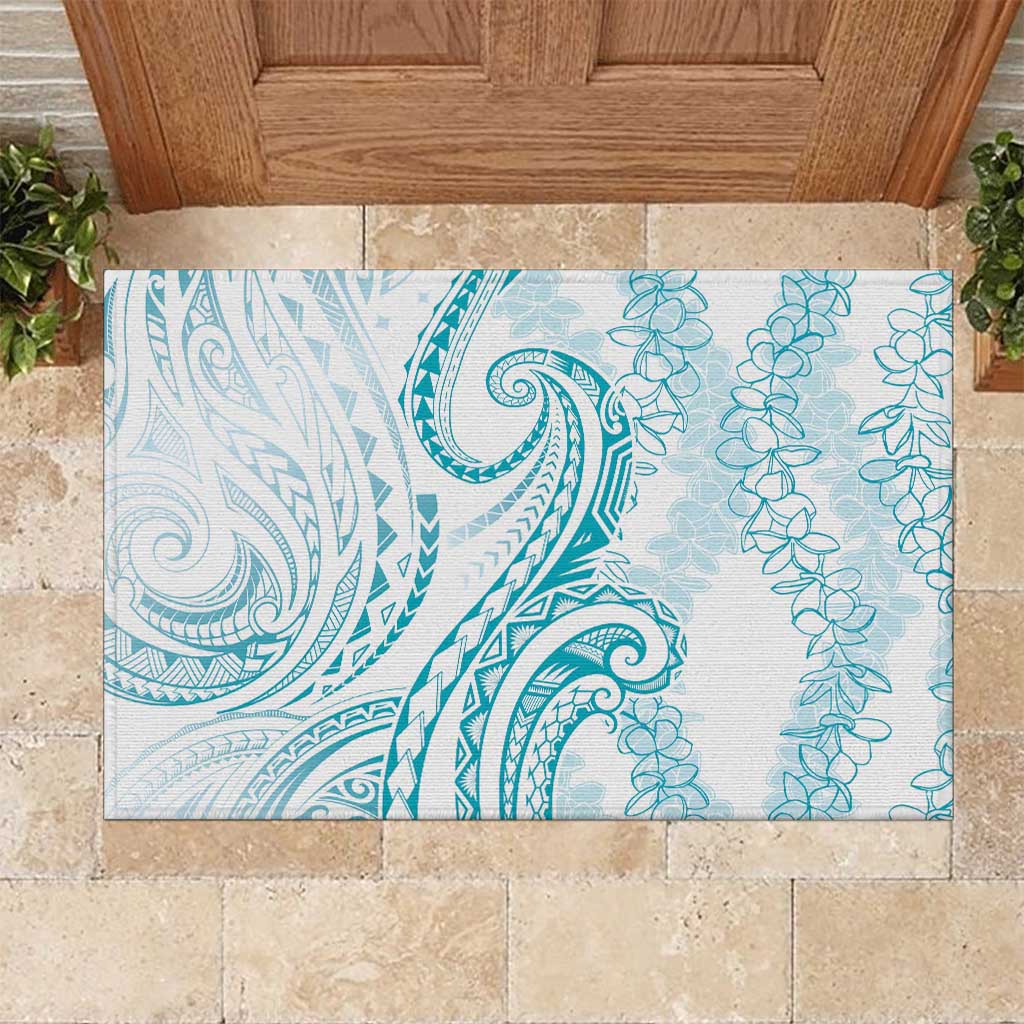 Polynesia Plumeria Lei Rubber Doormat White Turquoise Curves Motif