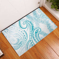 Polynesia Plumeria Lei Rubber Doormat White Turquoise Curves Motif