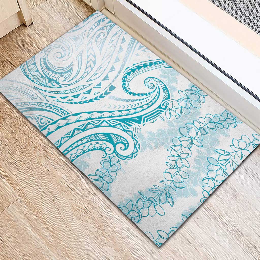 Polynesia Plumeria Lei Rubber Doormat White Turquoise Curves Motif
