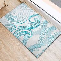 Polynesia Plumeria Lei Rubber Doormat White Turquoise Curves Motif