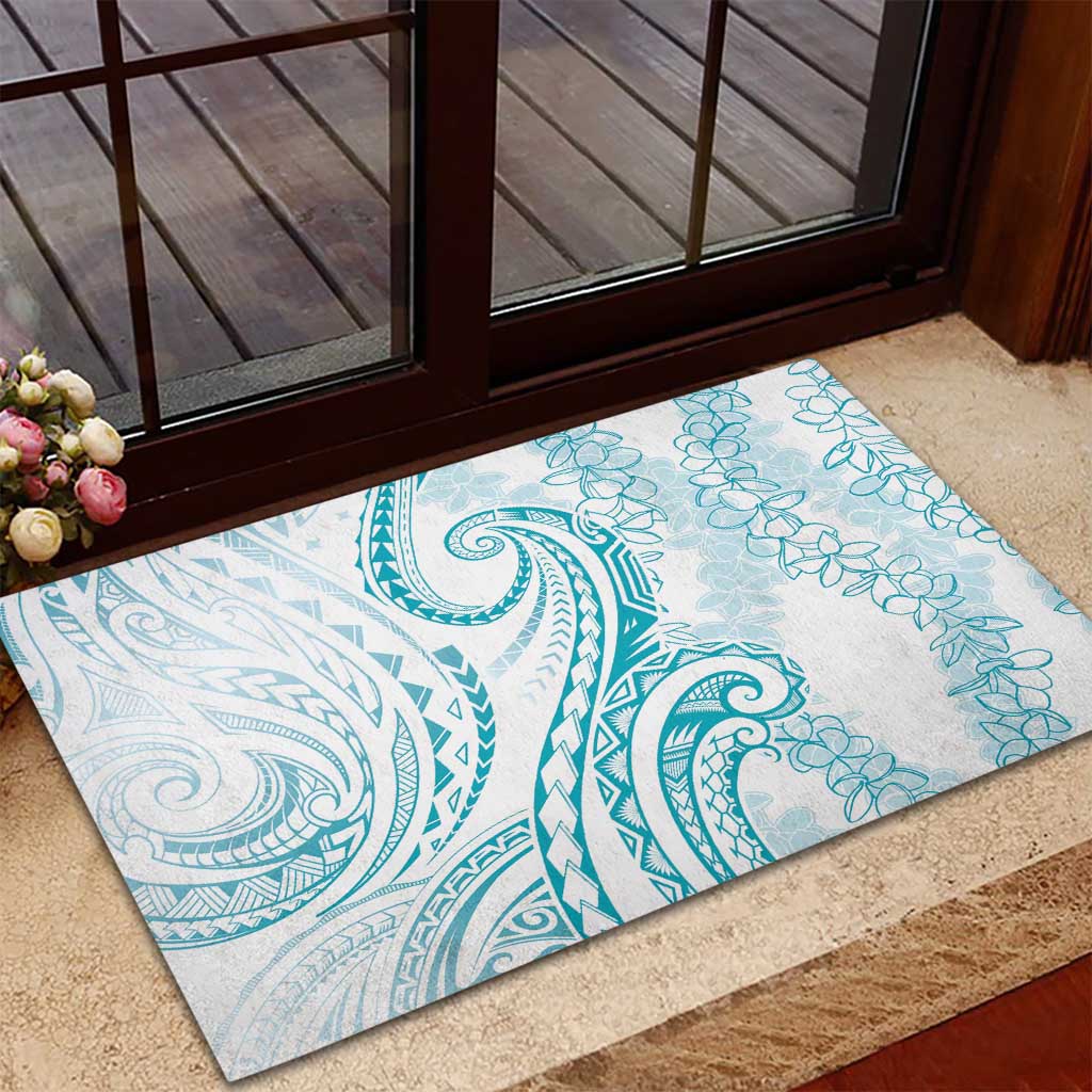 Polynesia Plumeria Lei Rubber Doormat White Turquoise Curves Motif