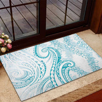 Polynesia Plumeria Lei Rubber Doormat White Turquoise Curves Motif