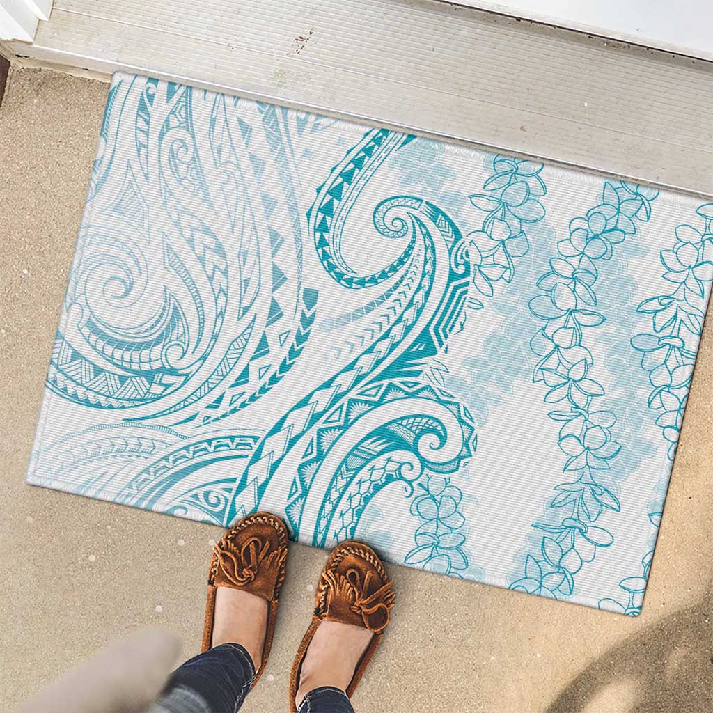 Polynesia Plumeria Lei Rubber Doormat White Turquoise Curves Motif