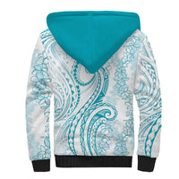Polynesia Plumeria Lei Sherpa Hoodie White Turquoise Curves Motif