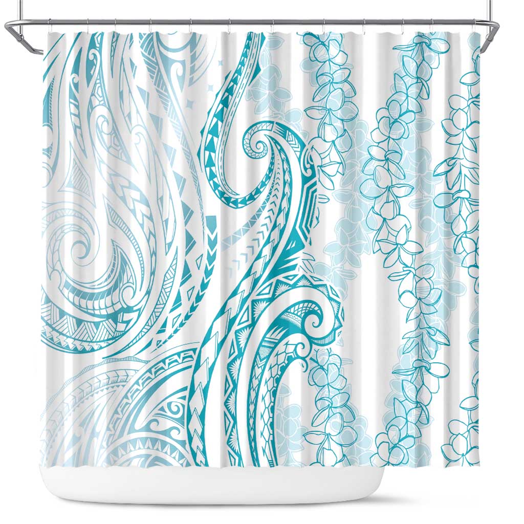 Polynesia Plumeria Lei Shower Curtain White Turquoise Curves Motif