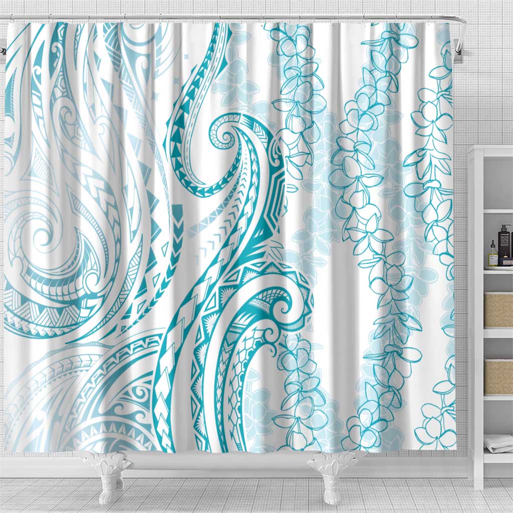 Polynesia Plumeria Lei Shower Curtain White Turquoise Curves Motif
