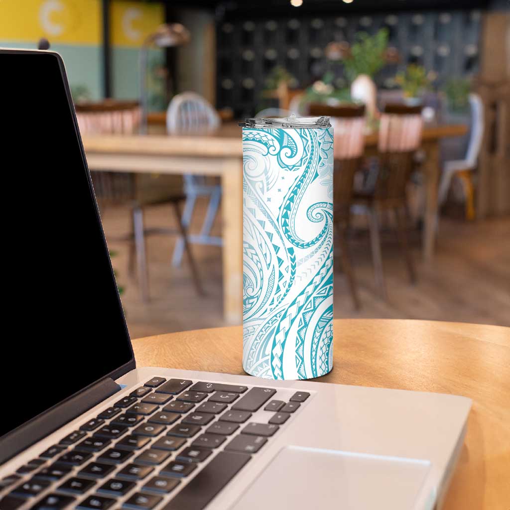 Polynesia Plumeria Lei Skinny Tumbler White Turquoise Curves Motif