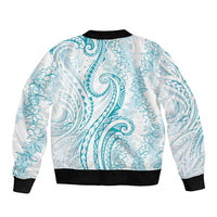 Polynesia Plumeria Lei Sleeve Zip Bomber Jacket White Turquoise Curves Motif LT7 - Polynesian Pride