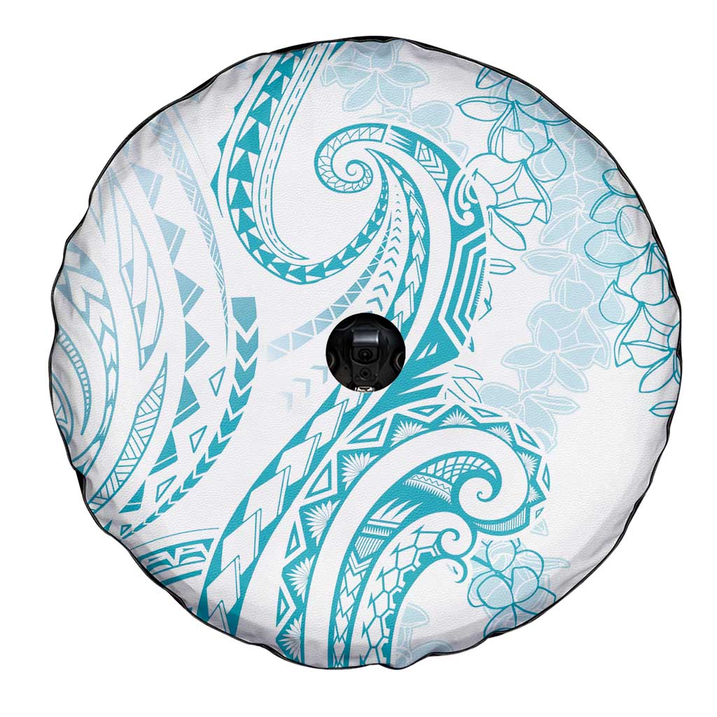 Polynesia Plumeria Lei Spare Tire Cover White Turquoise Curves Motif