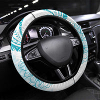 Polynesia Plumeria Lei Steering Wheel Cover White Turquoise Curves Motif