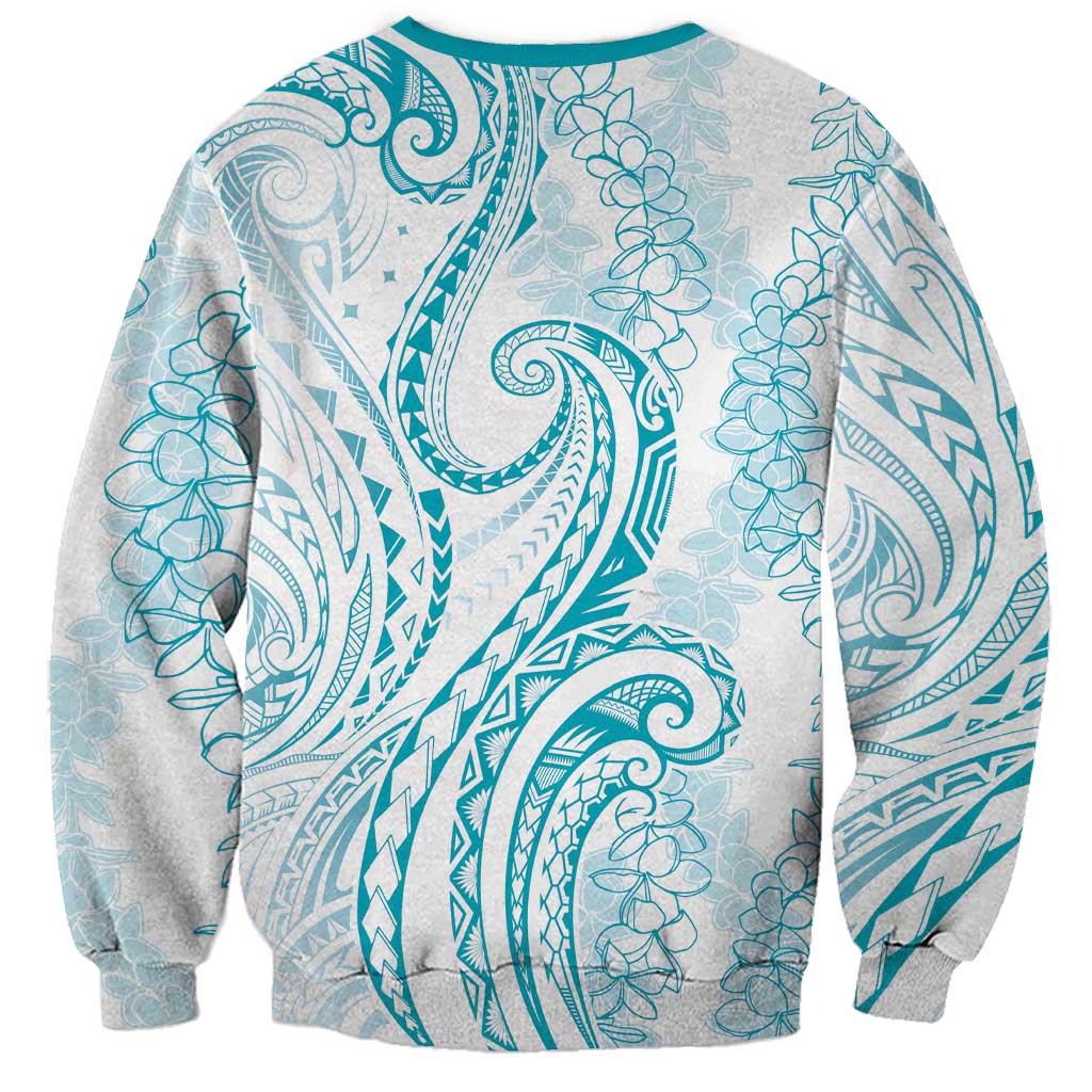 Polynesia Plumeria Lei Sweatshirt White Turquoise Curves Motif
