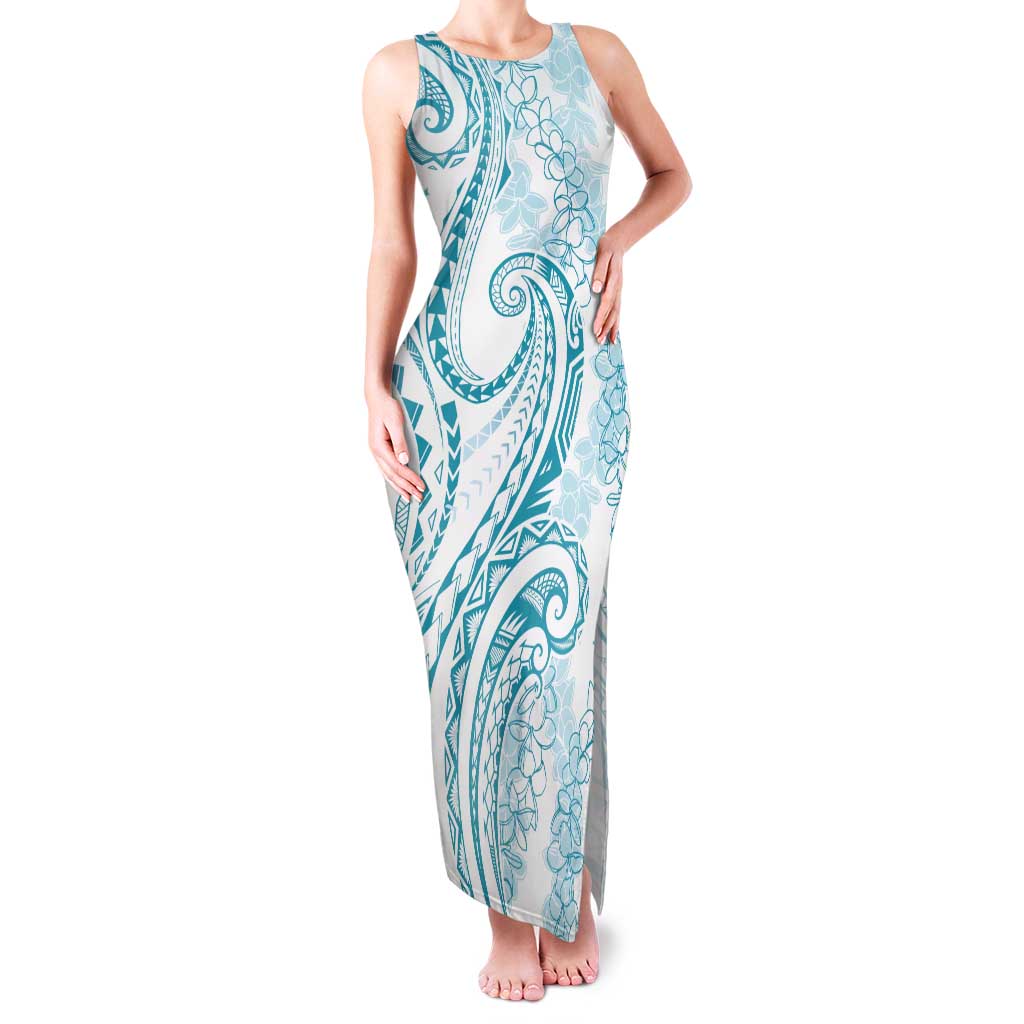 Polynesia Plumeria Lei Tank Maxi Dress White Turquoise Curves Motif