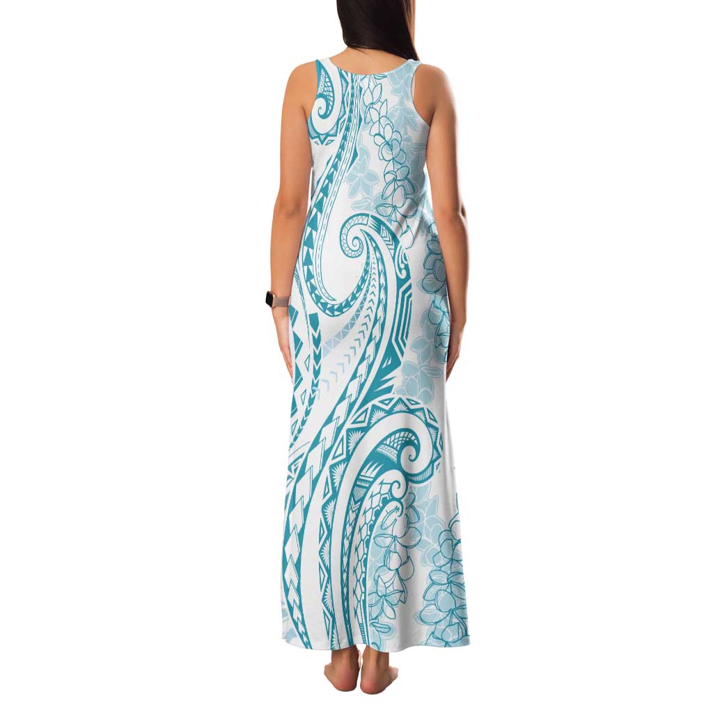 Polynesia Plumeria Lei Tank Maxi Dress White Turquoise Curves Motif