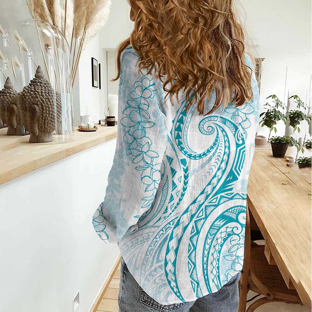 Polynesia Plumeria Lei Women Casual Shirt White Turquoise Curves Motif