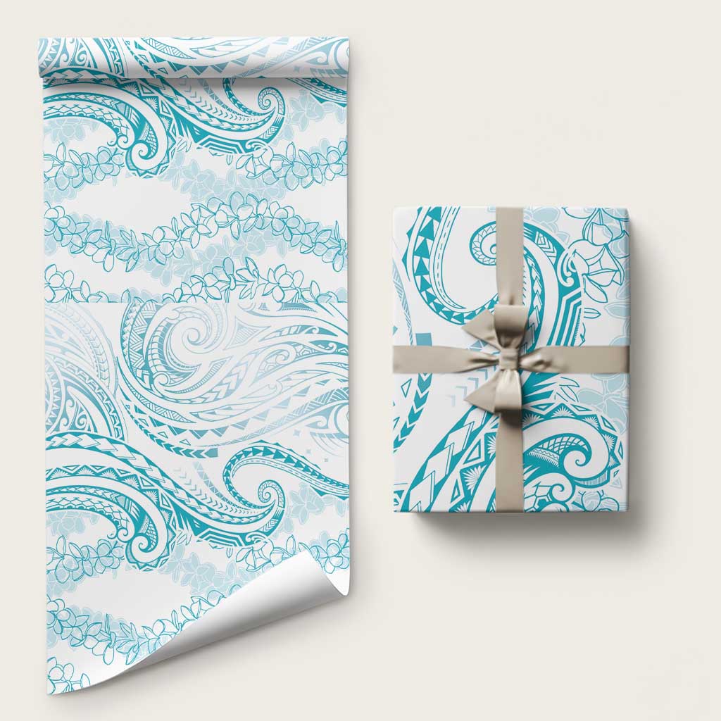 Polynesia Plumeria Lei Wrapping Paper White Turquoise Curves Motif