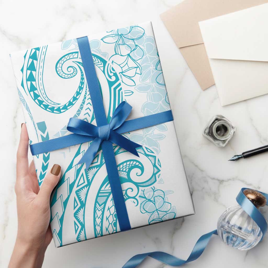 Polynesia Plumeria Lei Wrapping Paper White Turquoise Curves Motif