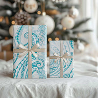 Polynesia Plumeria Lei Wrapping Paper White Turquoise Curves Motif