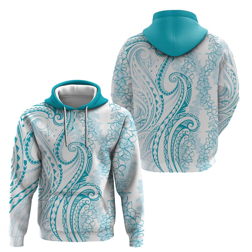 Polynesia Plumeria Lei Zip Hoodie White Turquoise Curves Motif