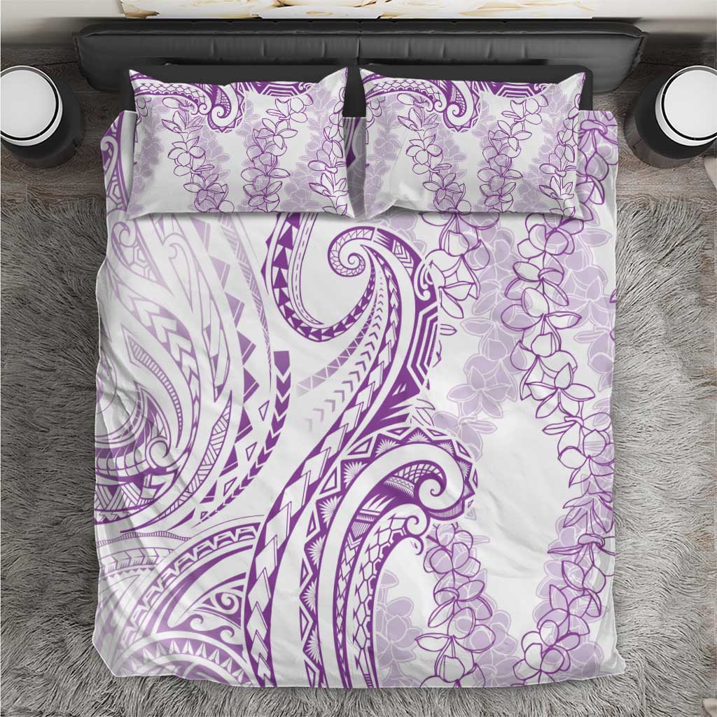 Polynesia Plumeria Lei Bedding Set White Violet Curves Motif
