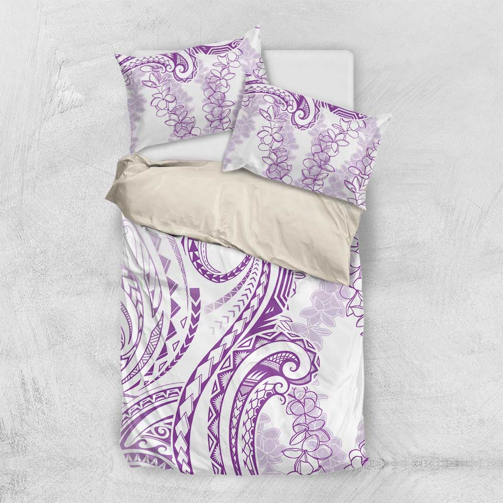 Polynesia Plumeria Lei Bedding Set White Violet Curves Motif