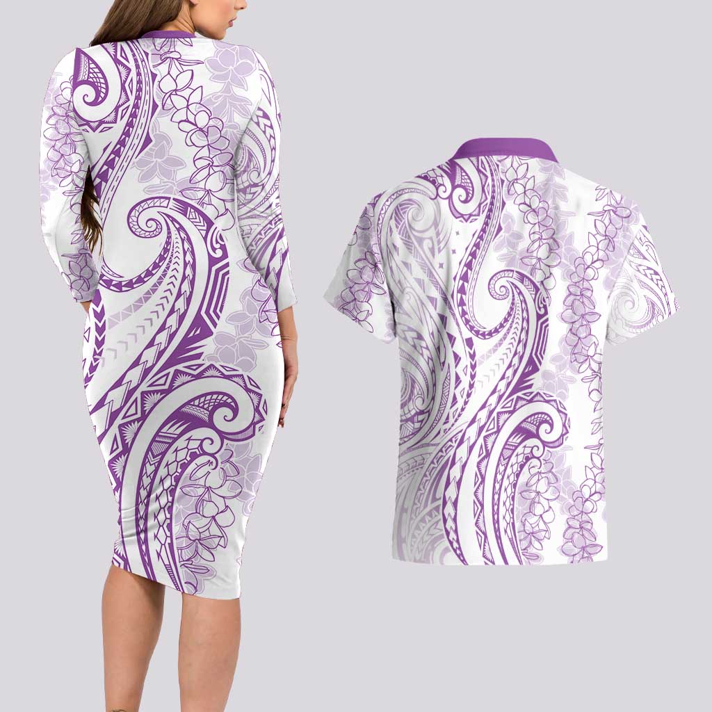 Polynesia Plumeria Lei Couples Matching Long Sleeve Bodycon Dress and Hawaiian Shirt White Violet Curves Motif