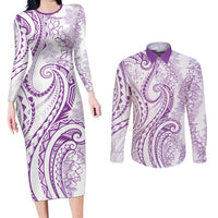 Polynesia Plumeria Lei Couples Matching Long Sleeve Bodycon Dress and Long Sleeve Button Shirt White Violet Curves Motif LT7 Violet - Polynesian Pride