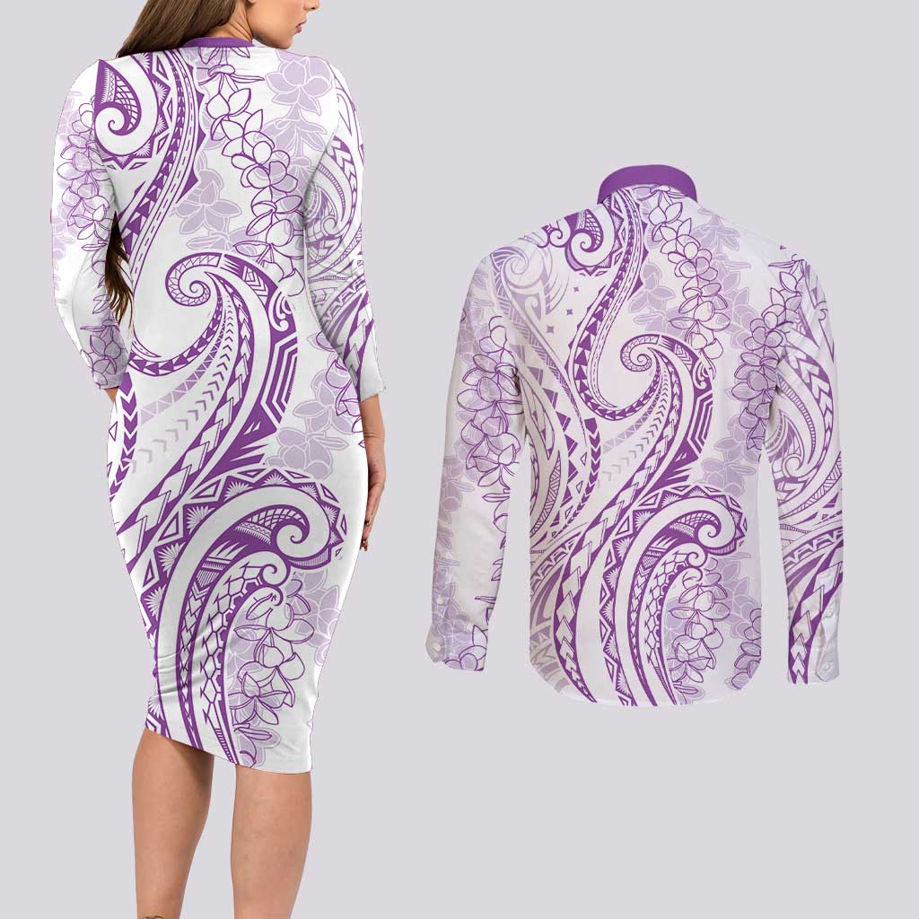Polynesia Plumeria Lei Couples Matching Long Sleeve Bodycon Dress and Long Sleeve Button Shirt White Violet Curves Motif LT7 - Polynesian Pride