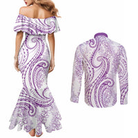 Polynesia Plumeria Lei Couples Matching Mermaid Dress and Long Sleeve Button Shirt White Violet Curves Motif LT7 - Polynesian Pride
