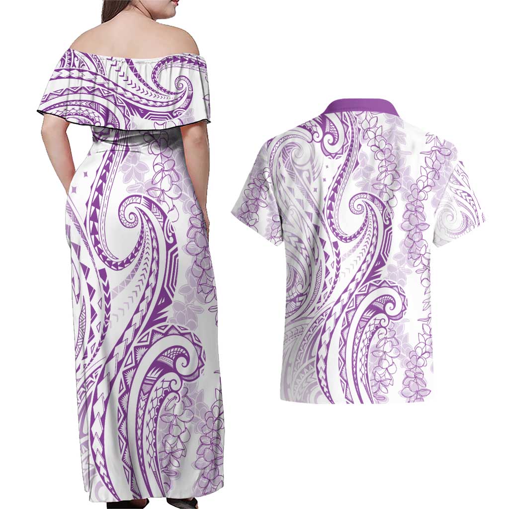Polynesia Plumeria Lei Couples Matching Off Shoulder Maxi Dress and Hawaiian Shirt White Violet Curves Motif