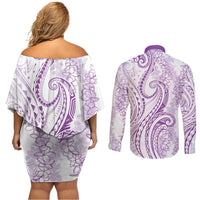 Polynesia Plumeria Lei Couples Matching Off Shoulder Short Dress and Long Sleeve Button Shirt White Violet Curves Motif