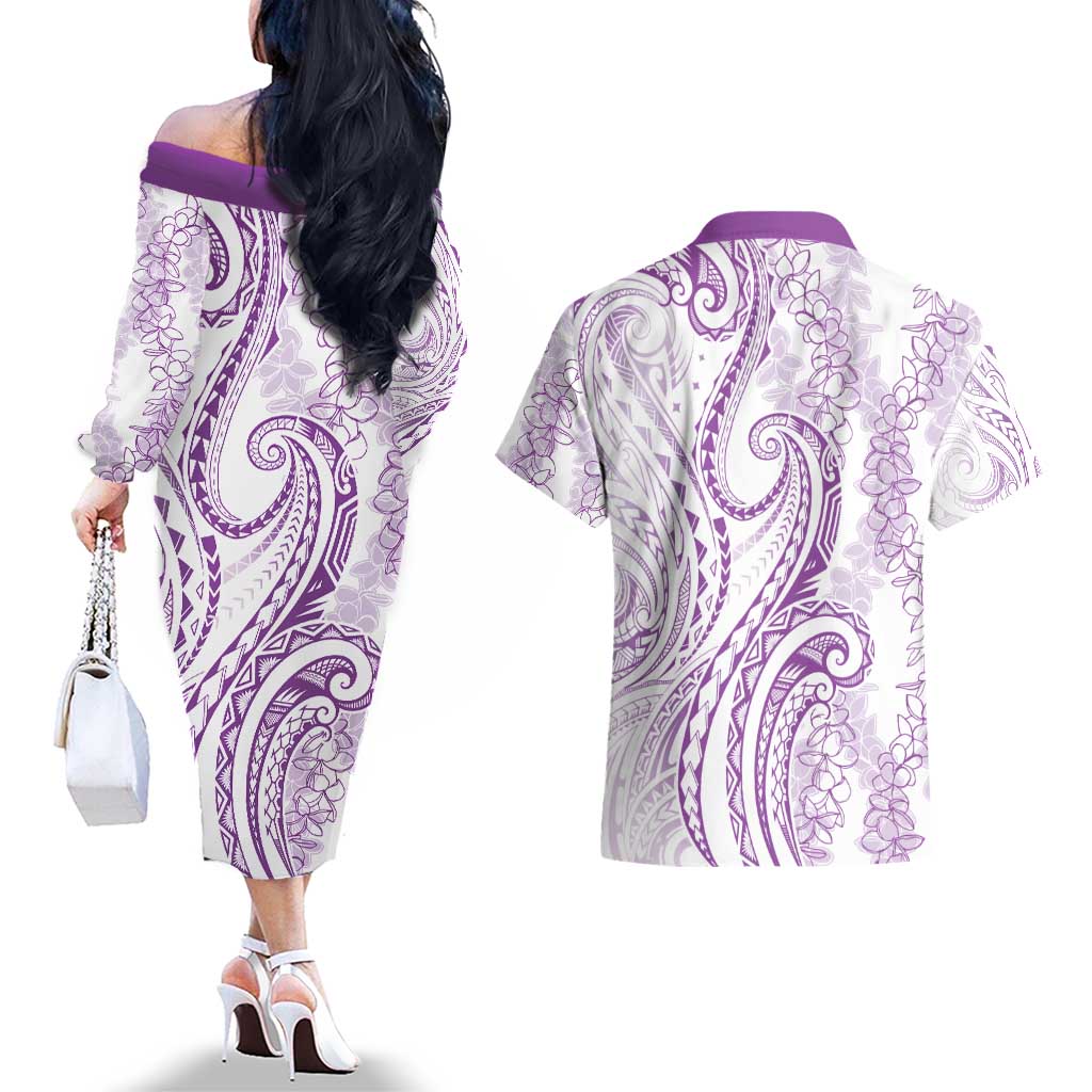 Polynesia Plumeria Lei Couples Matching Off The Shoulder Long Sleeve Dress and Hawaiian Shirt White Violet Curves Motif