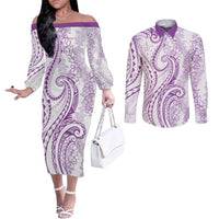 Polynesia Plumeria Lei Couples Matching Off The Shoulder Long Sleeve Dress and Long Sleeve Button Shirt White Violet Curves Motif LT7 Violet - Polynesian Pride