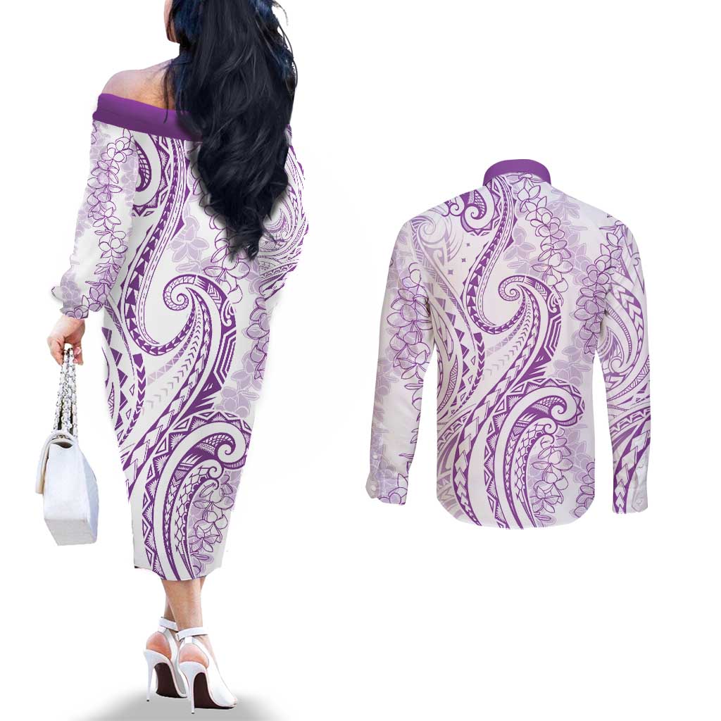 Polynesia Plumeria Lei Couples Matching Off The Shoulder Long Sleeve Dress and Long Sleeve Button Shirt White Violet Curves Motif LT7 - Polynesian Pride