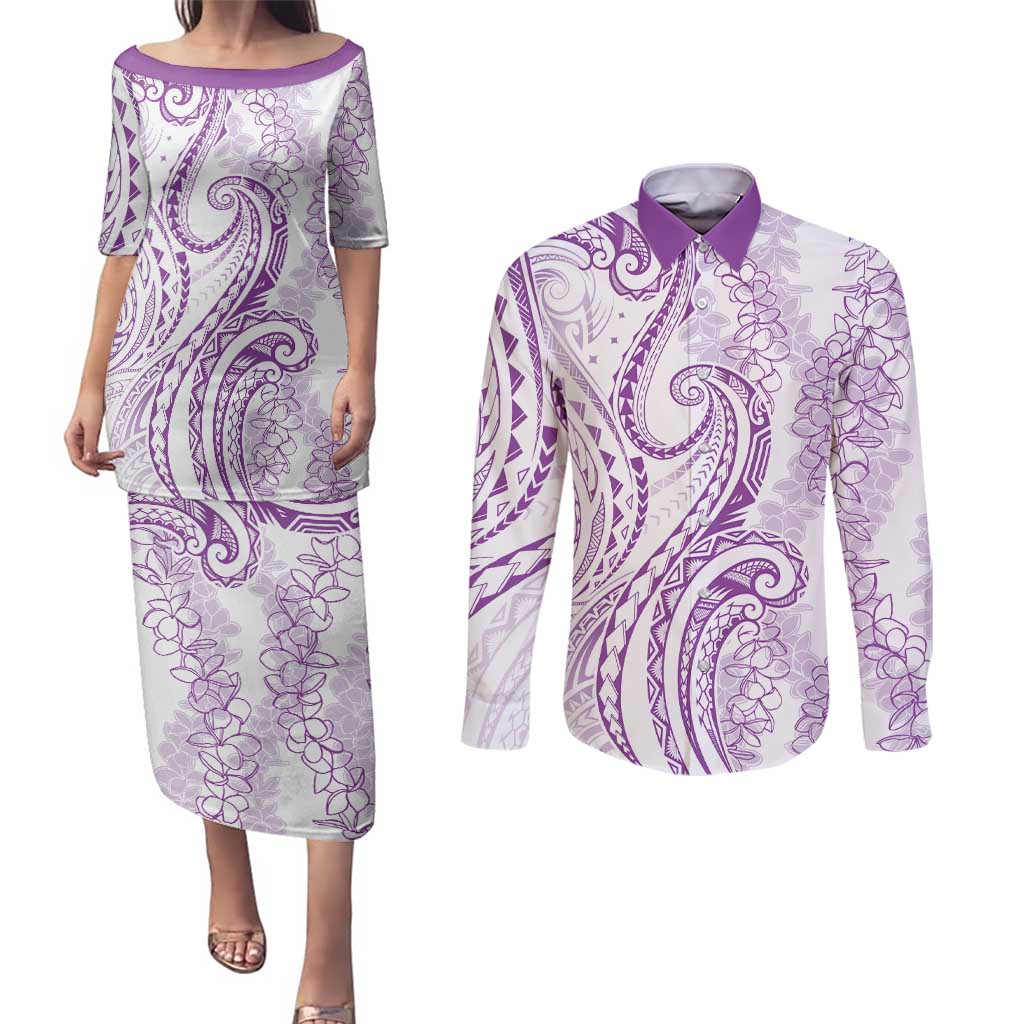 Polynesia Plumeria Lei Couples Matching Puletasi and Long Sleeve Button Shirt White Violet Curves Motif