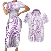 Polynesia Plumeria Lei Couples Matching Short Sleeve Bodycon Dress and Hawaiian Shirt White Violet Curves Motif