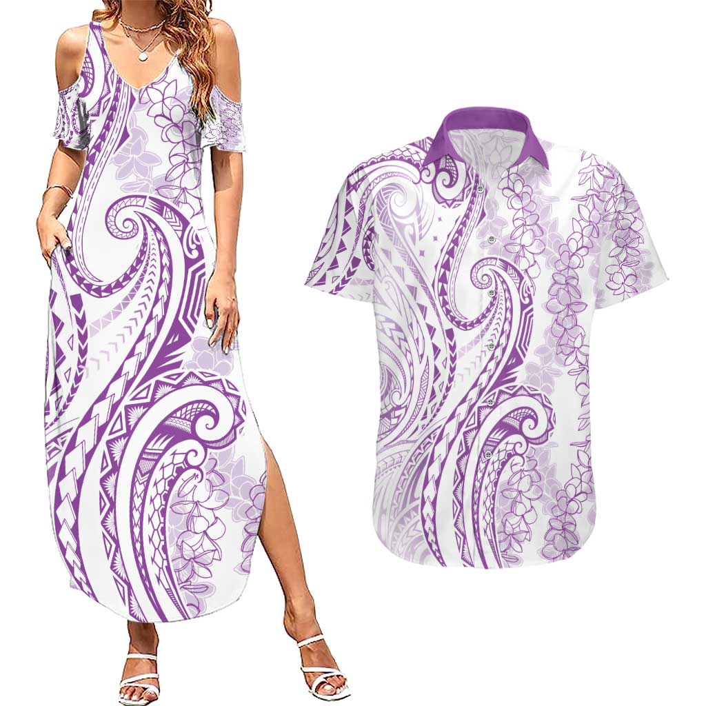 Polynesia Plumeria Lei Couples Matching Summer Maxi Dress and Hawaiian Shirt White Violet Curves Motif